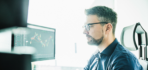 Image showing Stock broker trading online watching charts and data analyses on multiple computer screens.