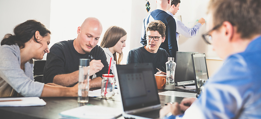 Image showing Startup business and entrepreneurship problem solving. Young AI programmers and IT software developers team brainstorming and programming on desktop computer in startup company share office space.