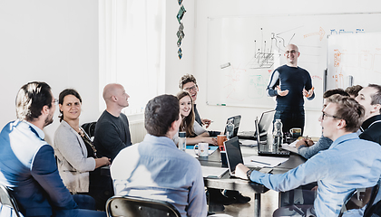 Image showing Relaxed informal IT business startup company team meeting.