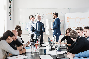 Image showing Relaxed informal IT business startup company team meeting.