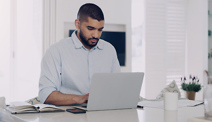 Image showing Man, remote work and typing at laptop in home for digital planning, online research and information at table. Male freelancer working on computer technology, internet and reading email for budget