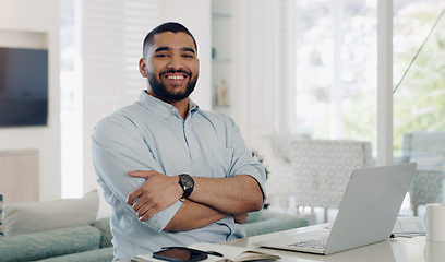 Image showing Happy man, remote work and portrait at laptop in home for digital planning, online research and budget at table. Male freelancer working on computer, technology and website connection for telework