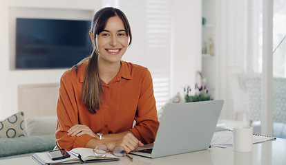 Image showing Happy woman, remote work and portrait at laptop in home for digital planning, online research and elearning at table. Female freelancer working on computer, technology and web connection for blogging