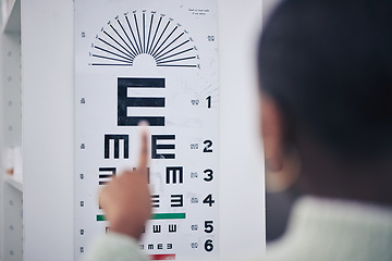 Image showing Eye care, medical and chart for a vision test for prescription lens glasses in an optometry clinic. Ophthalmology, healthcare and back of optometrist doing an optical exam with letter board in store.