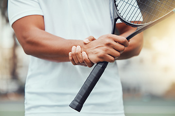 Image showing Tennis court, hand injury and man with racket for sports, fitness and match with discomfort or bruise. Joint pain, wrist and male player with arthritis, osteoporosis or fibromyalgia during training