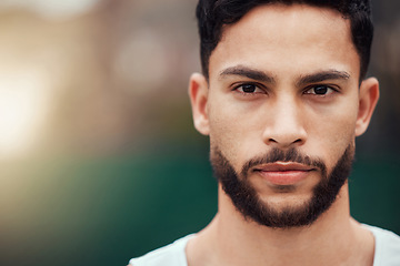 Image showing Sports, serious closeup and portrait of man with fitness mindset, confidence and focus with mockup space. Workout goals, pride and face of male athlete with motivation for health, wellness and zoom.