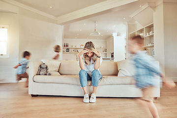 Image showing Headache, mother and children running in living room, problem and fatigue. Stress, mom and adhd kids run in lounge, tired and exhausted, burnout or migraine, frustrated and noise on sofa in house.