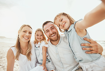 Image showing Selfie of happy woman, man and kids on beach, travel and happiness on ocean holiday in Australia together. Nature, mother, father and children with smile in self portrait on summer vacation at sea.