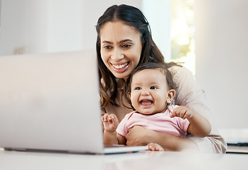 Image showing Smile, remote work and woman with baby and laptop, happy freelancer worker with online project on maternity leave. Work from home, mother and toddler with happiness, internet search and virtual job.