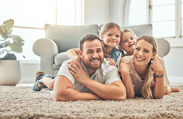 Image showing Portrait of mother, father and children on living room floor for bonding, quality time and playing together. Happy family, smile and mom and dad with girls for care, love and relax at home on weekend