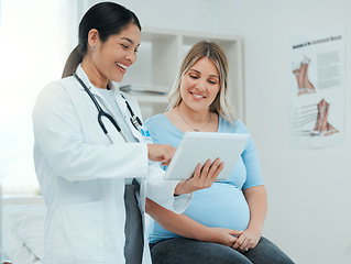 Image showing Healthcare, tablet and pregnant woman at a prenatal consultation for health in a medical clinic. Wellness, maternity and female pregnancy doctor speaking to a mother with a digital mobile in hospital