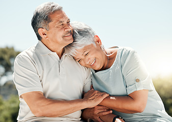 Image showing Senior couple, love and happy in nature on vacation, holiday or summer bonding. Relax, care and retirement of man and woman with happiness and enjoying quality time together on romantic date mockup.