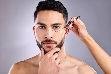 Image showing Face, man and plastic surgery marker for cosmetics in studio isolated on a white background. Facial, operation lines and beauty of male model, dermatology or skincare for serious rhinoplasty portrait