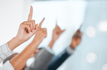 Image showing Hands raised, business audience and questions at conference, seminar or meeting. Hand up, question and group of people asking, answer and crowd vote for training, feedback and volunteer at workshop.