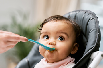 Image showing Cute, sweet and girl baby eating puree for lunch, dinner or snack in her high chair at home. Child development, food and infant kid enjoying a meal with a spoon for growth and wellness in a house.