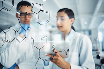 Image showing Science, tablet and man and woman with chemistry equation for medical research, formula and solution. Healthcare, teamwork and male and female scientist thinking, planning and strategy in laboratory