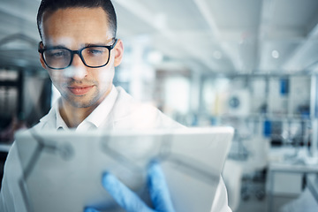 Image showing Medical science, tablet and man in a laboratory for research, development and innovation. Scientist person with technology for data analysis, problem solving and formula solution for future in a lab