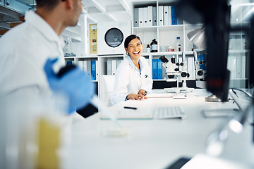 Image showing Science, collaboration and scientists working in a laboratory for medical research or analysis together. Biotechnology, pharmaceutical and team of scientific researchers in discussion on biology.