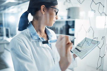 Image showing Tablet, research and female scientist in a laboratory planning a science equation on a board. Technology, medical innovation and woman researcher working on pharmaceutical project with digital mobile