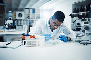 Image showing Science, analysis and male scientist in a laboratory doing research with blood samples or tests. Dna, medical innovation and professional man researcher working on a rna project in pharmaceutical lab