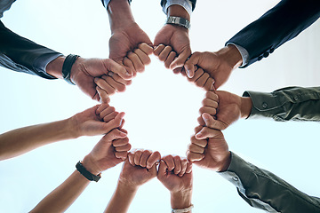 Image showing Fist, hands and business group outdoor with collaboration, teamwork and success sign. Below, team and solidarity of employee people with goal, target and workforce circle for support and motivation