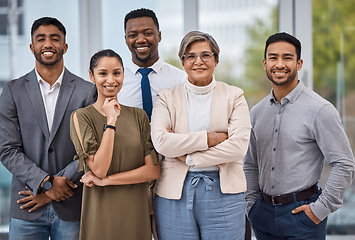 Image showing Collaboration, smile and portrait of business people in the office with confidence and diversity. Happy, success and group of multiracial professional employees or team standing in workplace together