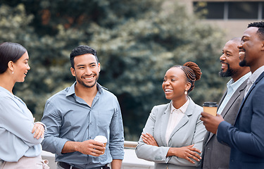 Image showing Business people, coffee and lawyers talking in city on break together in street. Group, tea and happy employees outdoor, men and women, law coworkers or friends in funny conversation, comedy or chat.