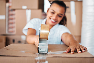 Image showing Woman, cardboard and closing box with tape while moving house with package for charity donation. Hands of a female person happy about mortgage, new home or storage for startup or small business