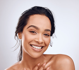 Image showing Beauty, makeup and portrait of woman isolated on a white background for happy skincare, cosmetics and glow or shine. Face of young studio model or person from Brazil in natural makeup or dermatology