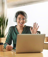 Image showing Virtual meeting, business woman and wave on a video call with headphones and greeting. Laptop, working and female employee with webinar at a company with computer and digital communication at office