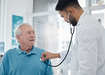 Image showing Healthcare, senior man and doctor with a stethoscope, surgeon and innovation for diagnosis, treatment and talking. Medical professional, mature male person and elderly patient with cardiology expert