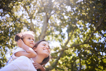 Image showing Mother, child and outdoor in nature for piggyback in summer with happiness, love and care. Female person or mom and girl kid playing together at a park for family adventure, quality time and freedom