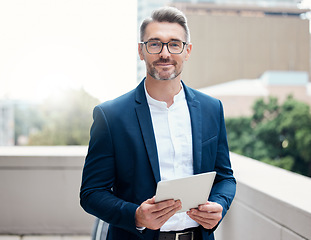 Image showing Tablet, corporate portrait and happy man with wealth, accounting and CEO management app on balcony. Outdoor, city and professional person or business boss with digital technology, website or internet