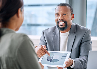 Image showing Business man, woman and tablet with chart, analysis or discussion in workplace for finance, growth or investment. African financial advisor, touchscreen and graph for progress, consulting or teamwork