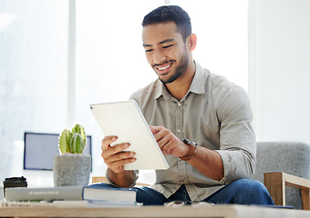 Image showing Business man, tablet and email of a web analyst checking online research with a smile. Office chair, technology and employee with social media scrolling and typing on a internet app while reading