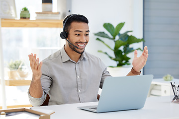 Image showing Laptop, smile and man in office, webinar or video call with headphones and happy advisory consultant. Communication, technology and virtual meeting, online training and male with headset and computer