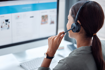 Image showing Call center, telemarketing and back of female consultant working on online consultation in the office. Customer service, contact us and saleswoman planning crm with headset and computer in workplace.