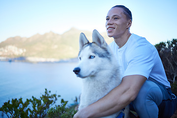 Image showing Nature, dog and man with husky in mountain for hiking, walking and fresh air together by lake. Traveling, friendship and happy male person with pet canine for freedom, adventure and exercise outdoors