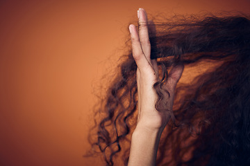 Image showing Mockup, closeup and woman with hair care, fingers and salon treatment for volume, texture and grooming. Zoom, female person and model with scalp massage, curls and beauty against a studio background