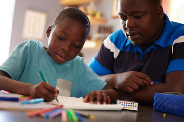 Image showing Homeschool, father and kid with color pencils for education, learning and creative development in family home. Dad, child and books for writing, drawing and creativity of art project, homework or fun