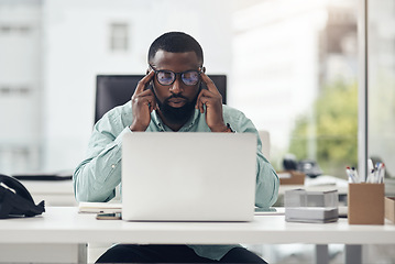 Image showing Thinking, computer and business man in office planning, brainstorming and problem solving for IT career. Ideas, inspiration search and brain fog of african person on laptop, website or app solution