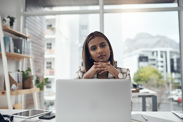 Image showing Computer, serious portrait and business woman for online copywriting, startup research and editing career mindset. Face of young african person, editor or worker on her laptop for web article or blog