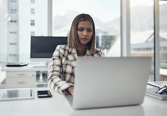 Image showing Business woman, laptop and confused writer in office workplace with fake news. Frustrated, computer and female Indian person with stress reading email, spam or scam, glitch and 404, error and problem