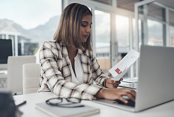 Image showing Laptop, business analyst and woman typing documents in office workplace. Paperwork analysis, computer and female person reading, working and analyzing data, graphs or charts for finance statistics.