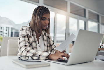 Image showing Business analyst, laptop and woman typing documents in office workplace. Paperwork analysis, computer and female Indian person reading analytics for data, graphs or charts for finance statistics.