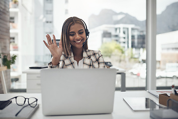 Image showing Business woman, headset and laptop for a video call and hand to wave hello on webinar with internet. Female person with technology for communication, online meeting and customer support in an office