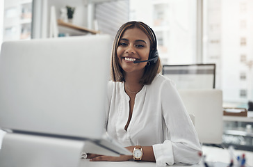 Image showing Smile, headset and portrait of a woman in a call center for customer service, telemarketing or help desk. Female person, consultant or agent with laptop for contact us, support or crm at a company