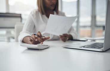 Image showing Closeup, business and woman with a calculator, budget and documents with planning, financial growth and connection. Female person, accountant and employee with paperwork, savings and investment