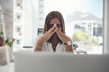 Image showing Stress, worry and business woman on computer with online mistake, deadline and mental health risk or depression. Anxiety, burnout or job fatigue of young person or worker glitch, error or depressed