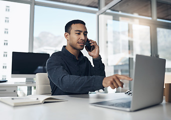 Image showing Business, phone call or man with a laptop, connection or digital planning with communication, chatting or search internet. Male person, employee or agent with a smartphone, mobile app or professional